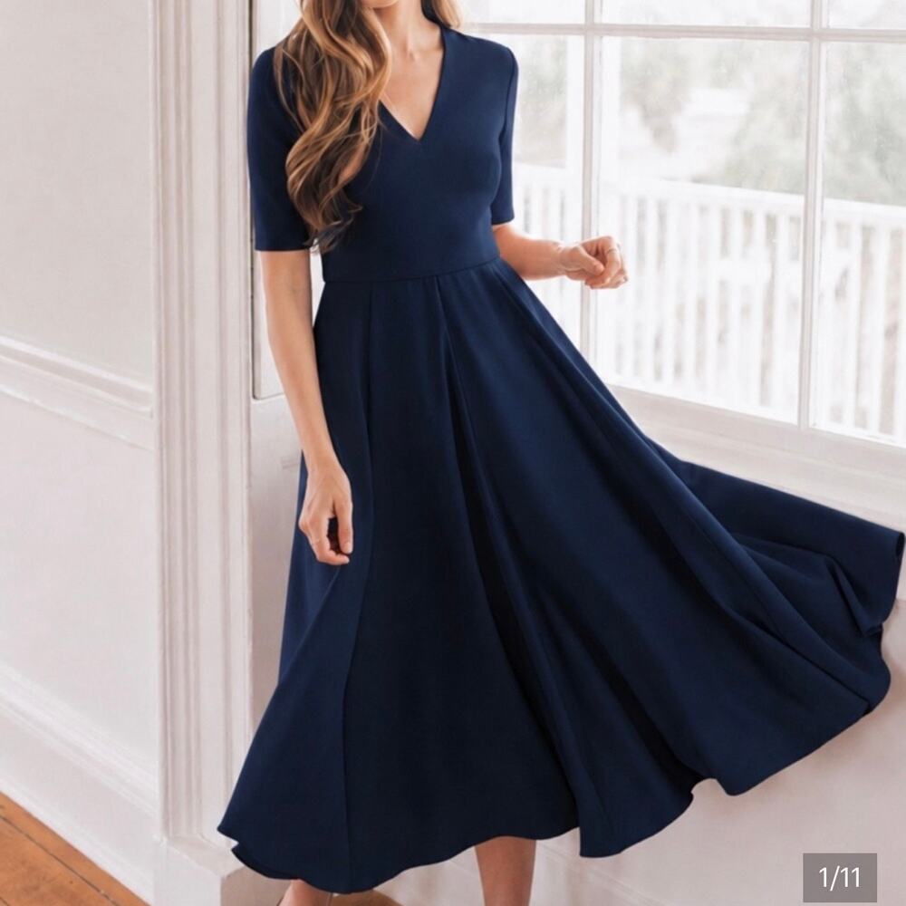 Gal Meets Glam Edith City Crepe Fit & Flare Midi Dress Women's 6 Navy Blue